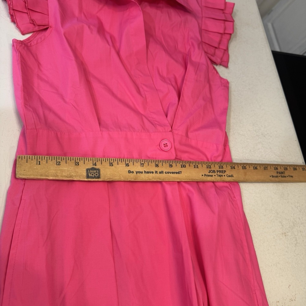 Pink Solid Deep V Neck Ruffle Cap Sleeves Classic Collar Midi Dress Sz M Fairy - Picture 8 of 13